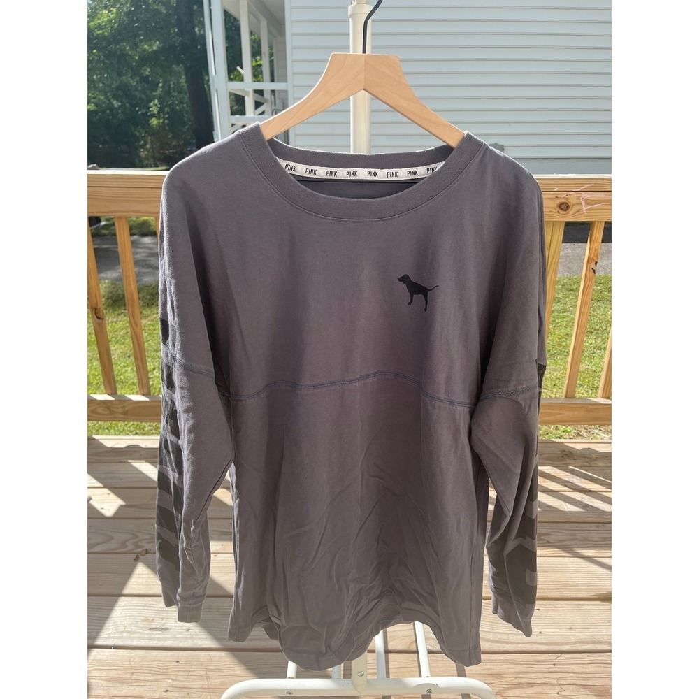 Victorias Secret PINK Spirit Jersey Long Sleeve T-Shirt Grey Oversized Dog Logo